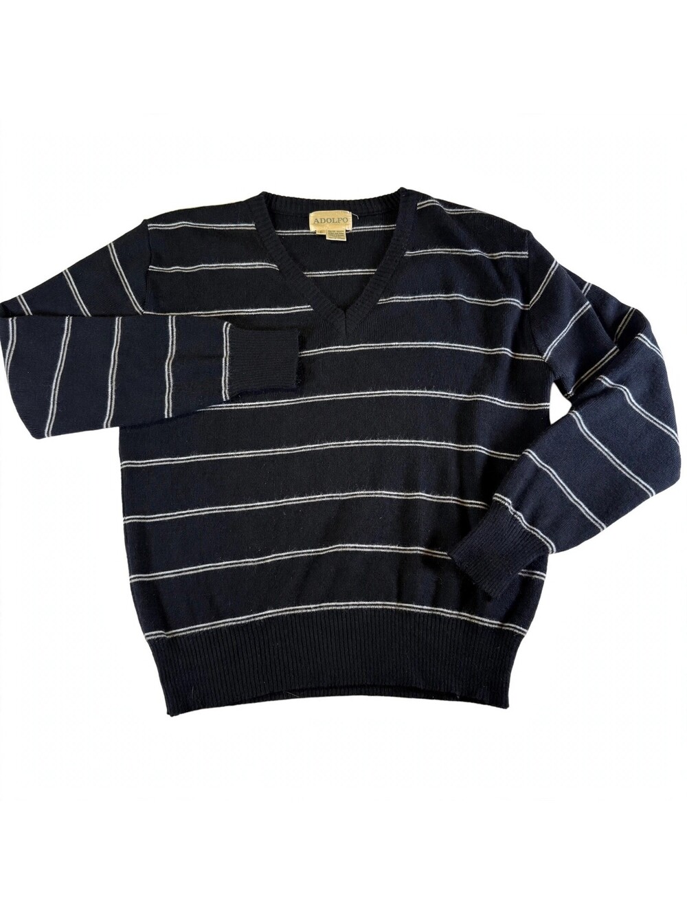 Adolfo Black White Striped V-Neck Sweater Mens L Wool Blend